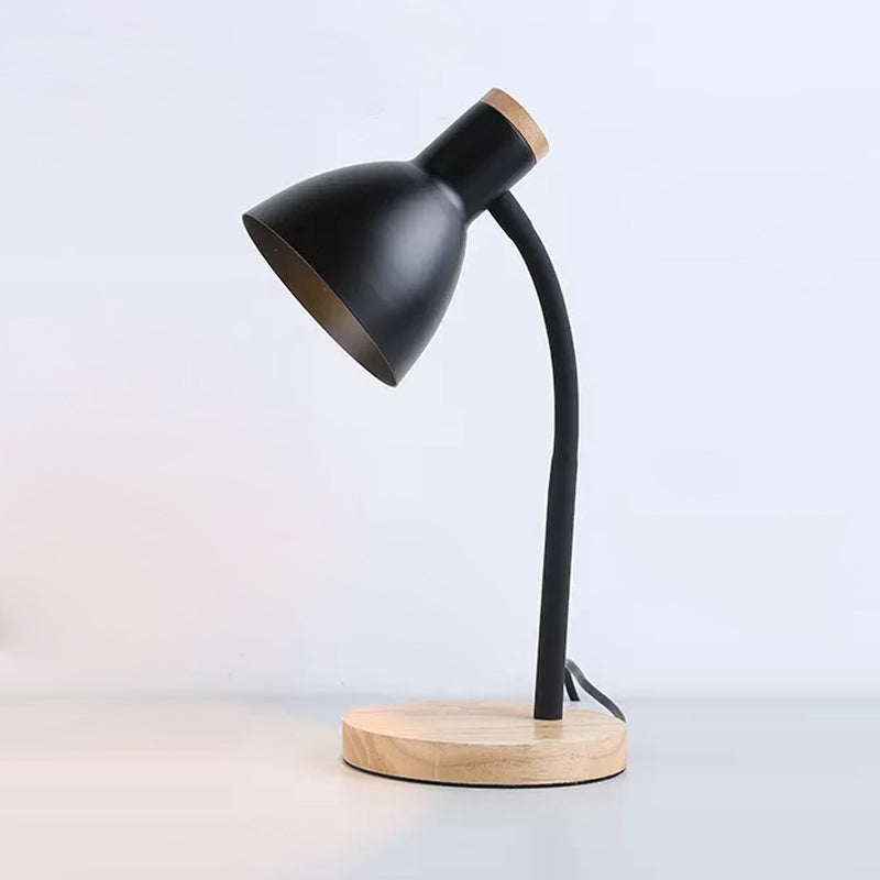 Flexible Gooseneck Night Light Modern Metallic 1 Head Black/White Table Lighting with Bowl Shade and Wood Round Base Clearhalo 'Lamps' 'Table Lamps' Lighting' 1457628