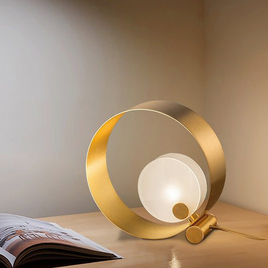 Annulus Night Stand Light Postmodernism Metallic 1-Light Bedroom Table Lamp in Gold with Frosted Shade Clearhalo 'Lamps' 'Table Lamps' Lighting' 1457717