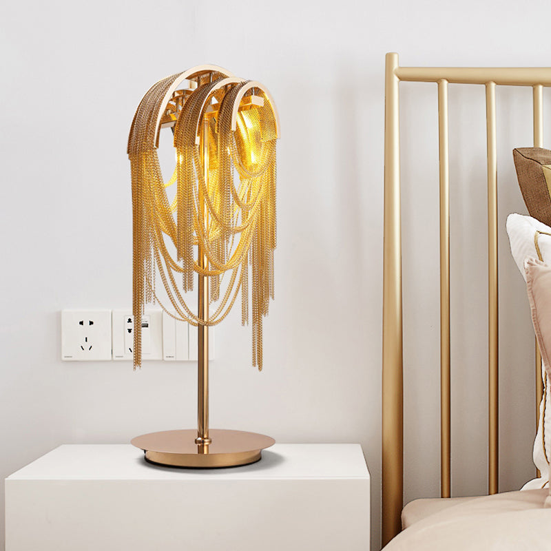 Mid Century Tassel Chain Night Lamp Aluminum 1 Bulb Bedside Table Lighting in Gold Clearhalo 'Lamps' 'Table Lamps' Lighting' 1457732
