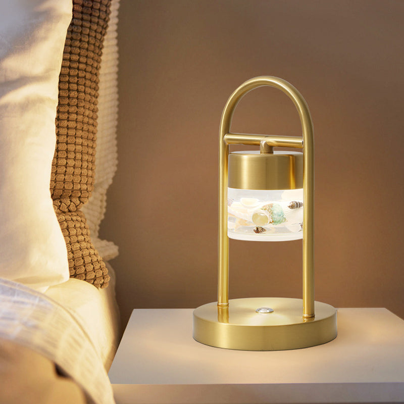 Cylinder Portable Touch Table Lamp Retro Novelty Acrylic Brass LED Night Light with Handle and Seashell Decor Inside Brass Clearhalo 'Lamps' 'Table Lamps' Lighting' 1457736