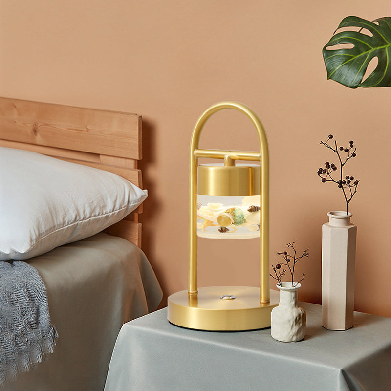 Cylinder Portable Touch Table Lamp Retro Novelty Acrylic Brass LED Night Light with Handle and Seashell Decor Inside Clearhalo 'Lamps' 'Table Lamps' Lighting' 1457737