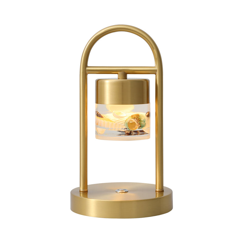 Cylinder Portable Touch Table Lamp Retro Novelty Acrylic Brass LED Night Light with Handle and Seashell Decor Inside Clearhalo 'Lamps' 'Table Lamps' Lighting' 1457738