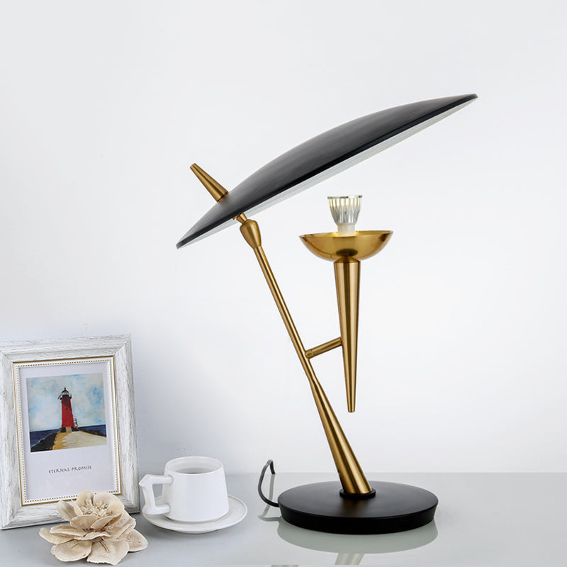Postmodern Oblique Table Light Metallic Single Bulb Bedroom Night Lamp with Flat Lampshade in Black-Brass Clearhalo 'Lamps' 'Table Lamps' Lighting' 1457762