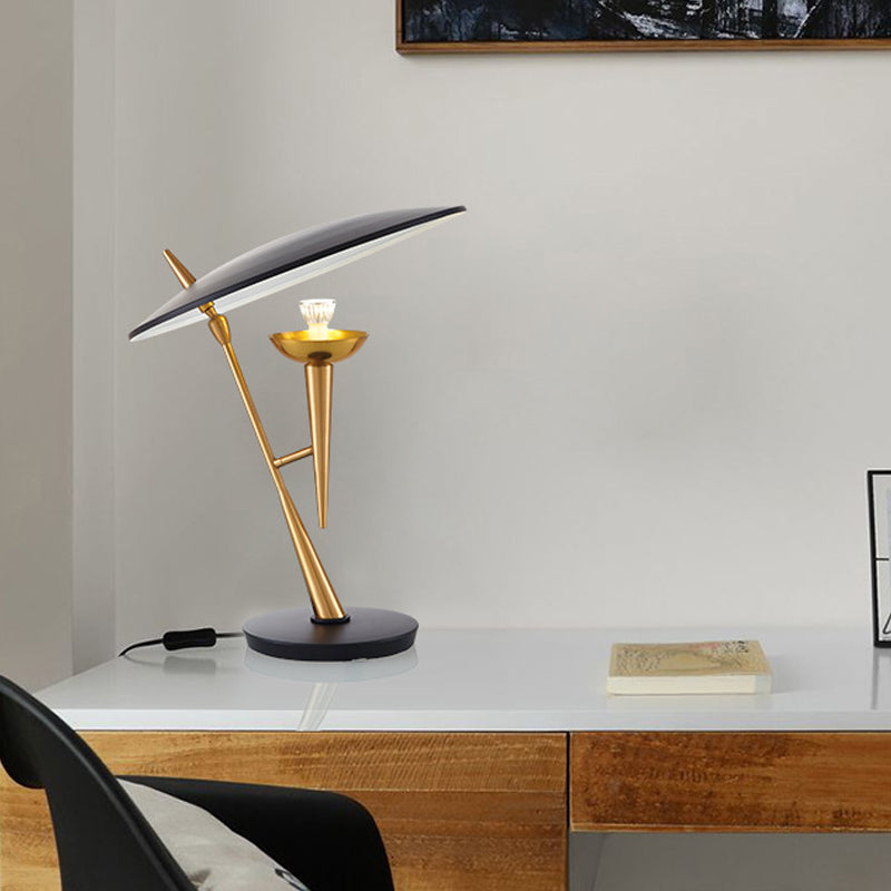 Postmodern Oblique Table Light Metallic Single Bulb Bedroom Night Lamp with Flat Lampshade in Black-Brass Clearhalo 'Lamps' 'Table Lamps' Lighting' 1457763