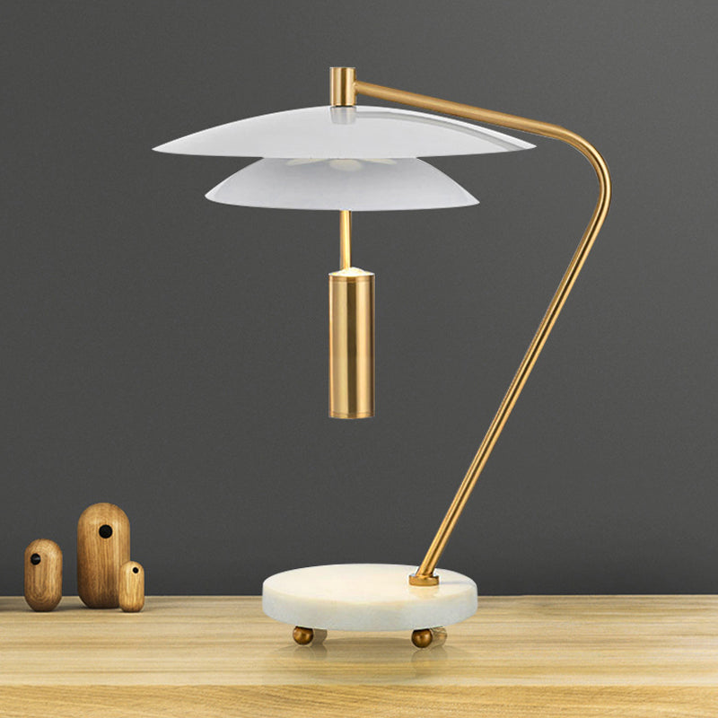 Brass Bended Night Light Postmodern 1 Light Metal Table Lamp with White 2 Tiers Shade and Marble Base White Clearhalo 'Lamps' 'Table Lamps' Lighting' 1457766