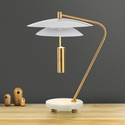 Brass Bended Night Light Postmodern 1 Light Metal Table Lamp with White 2 Tiers Shade and Marble Base White Clearhalo 'Lamps' 'Table Lamps' Lighting' 1457766