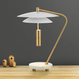 Brass Bended Night Light Postmodern 1 Light Metal Table Lamp with White 2 Tiers Shade and Marble Base White Clearhalo 'Lamps' 'Table Lamps' Lighting' 1457766