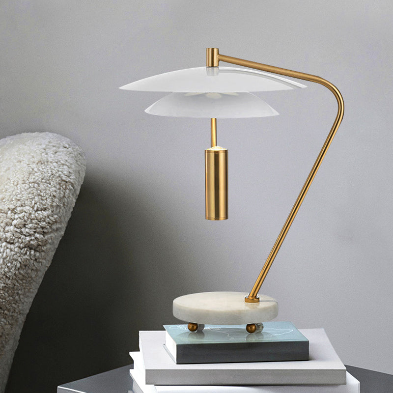 Brass Bended Night Light Postmodern 1 Light Metal Table Lamp with White 2 Tiers Shade and Marble Base Clearhalo 'Lamps' 'Table Lamps' Lighting' 1457767