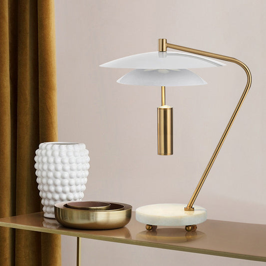 Brass Bended Night Light Postmodern 1 Light Metal Table Lamp with White 2 Tiers Shade and Marble Base Clearhalo 'Lamps' 'Table Lamps' Lighting' 1457768