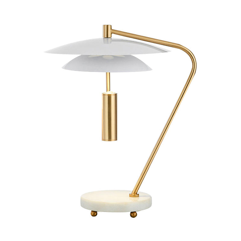 Brass Bended Night Light Postmodern 1 Light Metal Table Lamp with White 2 Tiers Shade and Marble Base Clearhalo 'Lamps' 'Table Lamps' Lighting' 1457769