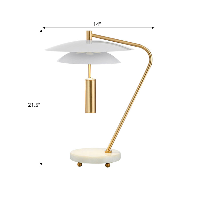 Brass Bended Night Light Postmodern 1 Light Metal Table Lamp with White 2 Tiers Shade and Marble Base Clearhalo 'Lamps' 'Table Lamps' Lighting' 1457770