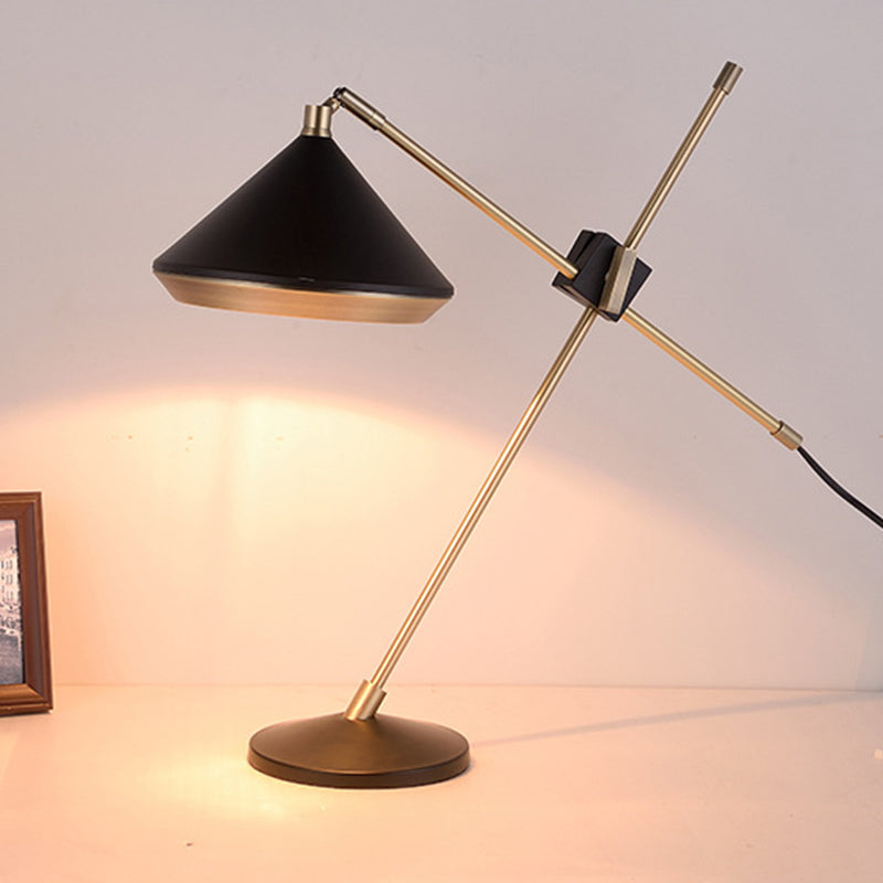 Iron Rotating Cross Arm Study Lamp Antiqued 1 Light Study Desk Lighting in Brass with Black/White Cone Shade Black Clearhalo 'Lamps' 'Table Lamps' Lighting' 1457866