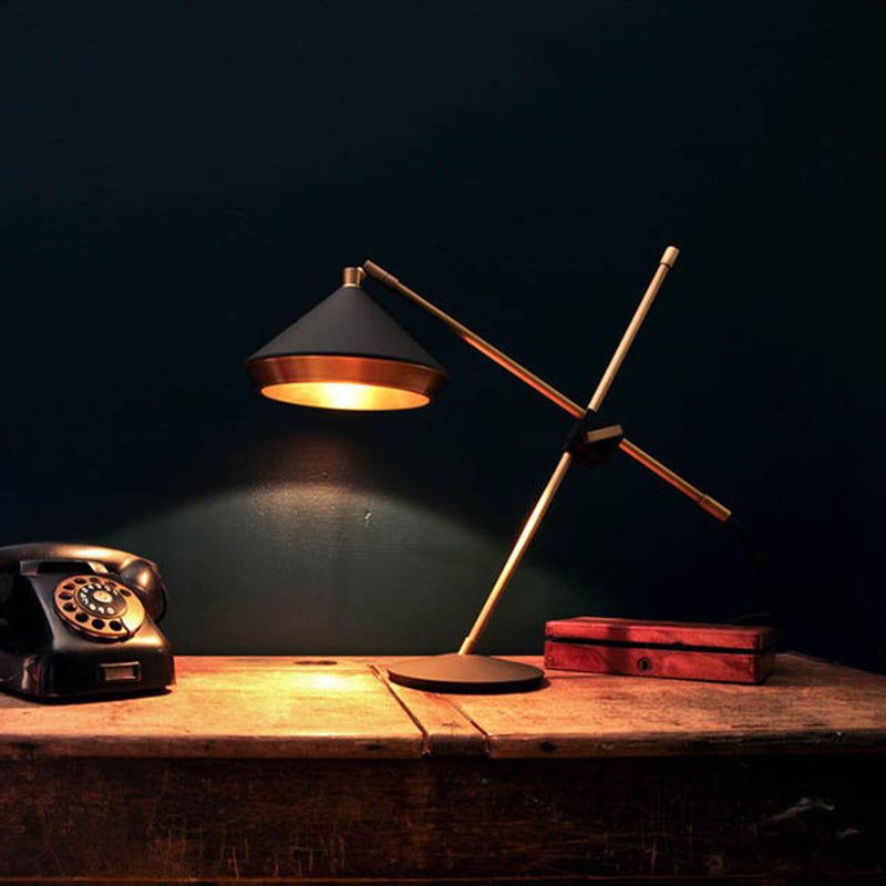 Iron Rotating Cross Arm Study Lamp Antiqued 1 Light Study Desk Lighting in Brass with Black/White Cone Shade Clearhalo 'Lamps' 'Table Lamps' Lighting' 1457867