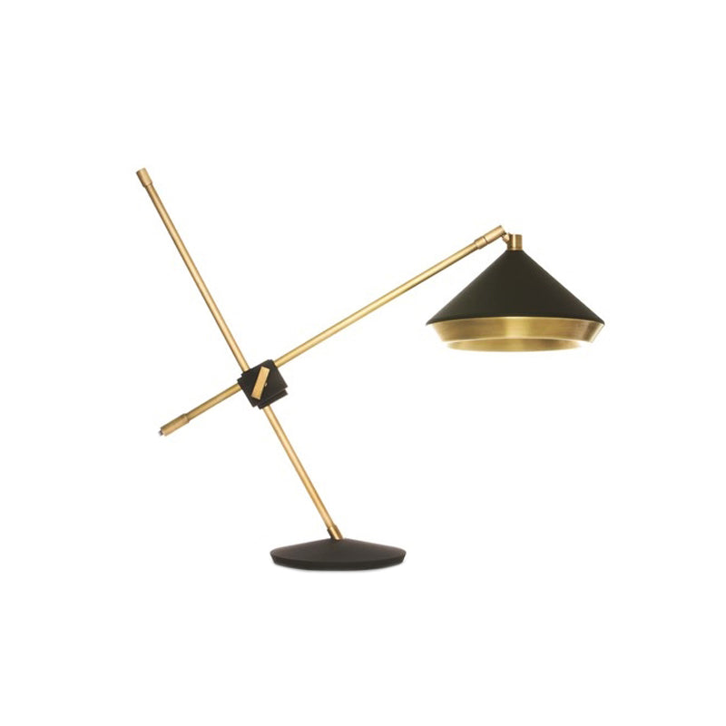 Iron Rotating Cross Arm Study Lamp Antiqued 1 Light Study Desk Lighting in Brass with Black/White Cone Shade Clearhalo 'Lamps' 'Table Lamps' Lighting' 1457869