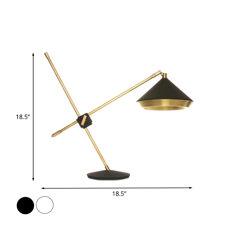 Iron Rotating Cross Arm Study Lamp Antiqued 1 Light Study Desk Lighting in Brass with Black/White Cone Shade Clearhalo 'Lamps' 'Table Lamps' Lighting' 1457870
