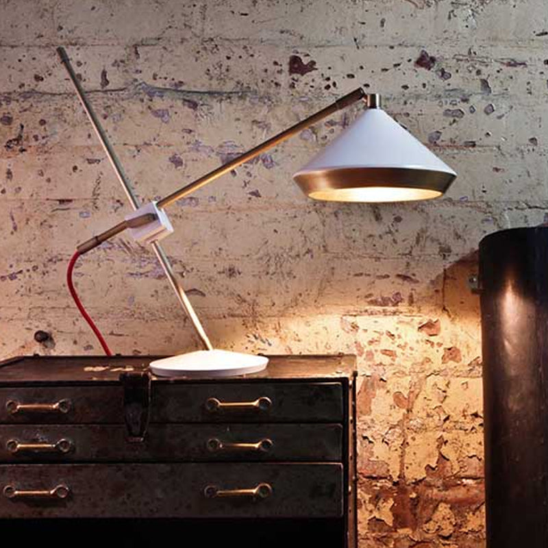 Iron Rotating Cross Arm Study Lamp Antiqued 1 Light Study Desk Lighting in Brass with Black/White Cone Shade Clearhalo 'Lamps' 'Table Lamps' Lighting' 1457872