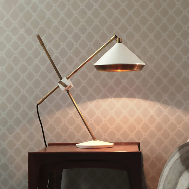 Iron Rotating Cross Arm Study Lamp Antiqued 1 Light Study Desk Lighting in Brass with Black/White Cone Shade Clearhalo 'Lamps' 'Table Lamps' Lighting' 1457873
