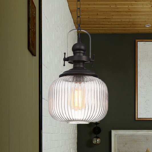 Ovale/Drum Clear Ribbed Glass Pendant Vintage 1 Head Bistro Hanging Ceiling Light in Black Black B Clearhalo 'Ceiling Lights' 'Glass shade' 'Glass' 'Industrial Pendants' 'Industrial' 'Middle Century Pendants' 'Pendant Lights' 'Pendants' 'Tiffany' Lighting' 1457894