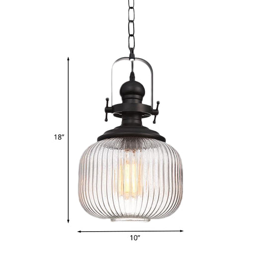 Ovale/Drum Clear Ribbed Glass Pendant Vintage 1 Head Bistro Hanging Ceiling Light in Black Clearhalo 'Ceiling Lights' 'Glass shade' 'Glass' 'Industrial Pendants' 'Industrial' 'Middle Century Pendants' 'Pendant Lights' 'Pendants' 'Tiffany' Lighting' 1457898