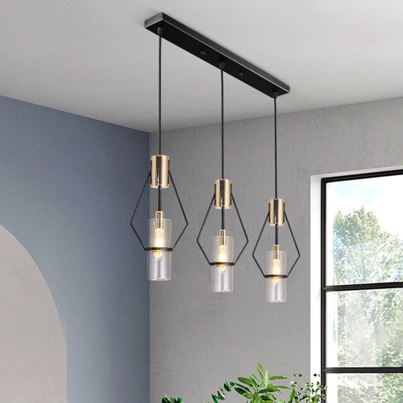 Gold 3-Light Multi Hanging Light Vintage Metal Diamond Frame Pendant Lamp with Tube Glass Shade and Round/Linear Canopy Clearhalo 'Ceiling Lights' 'Chandeliers' 'Glass shade' 'Glass' 'Industrial Pendants' 'Industrial' 'Middle Century Pendants' 'Pendant Lights' 'Pendants' 'Tiffany' Lighting' 1457927