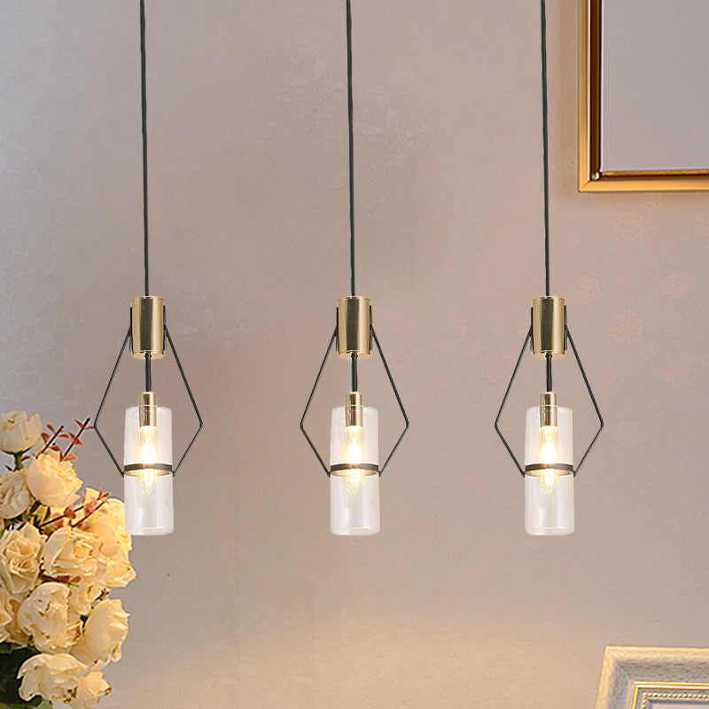 Gold 3-Light Multi Hanging Light Vintage Metal Diamond Frame Pendant Lamp with Tube Glass Shade and Round/Linear Canopy Clearhalo 'Ceiling Lights' 'Chandeliers' 'Glass shade' 'Glass' 'Industrial Pendants' 'Industrial' 'Middle Century Pendants' 'Pendant Lights' 'Pendants' 'Tiffany' Lighting' 1457928