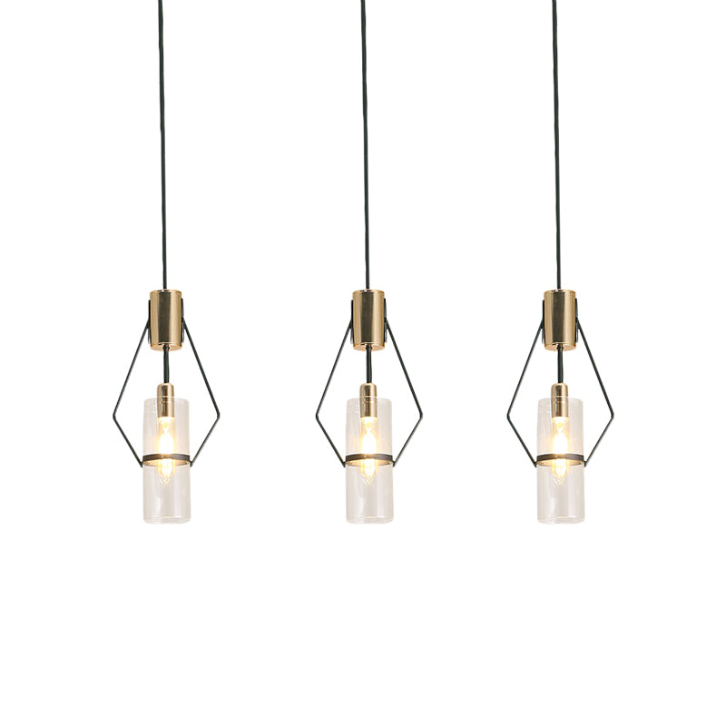 Gold 3-Light Multi Hanging Light Vintage Metal Diamond Frame Pendant Lamp with Tube Glass Shade and Round/Linear Canopy Clearhalo 'Ceiling Lights' 'Chandeliers' 'Glass shade' 'Glass' 'Industrial Pendants' 'Industrial' 'Middle Century Pendants' 'Pendant Lights' 'Pendants' 'Tiffany' Lighting' 1457929