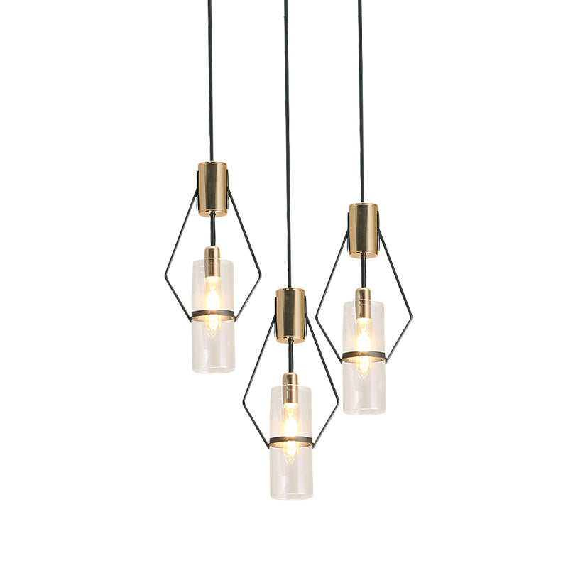 Gold 3-Light Multi Hanging Light Vintage Metal Diamond Frame Pendant Lamp with Tube Glass Shade and Round/Linear Canopy Clearhalo 'Ceiling Lights' 'Chandeliers' 'Glass shade' 'Glass' 'Industrial Pendants' 'Industrial' 'Middle Century Pendants' 'Pendant Lights' 'Pendants' 'Tiffany' Lighting' 1457934