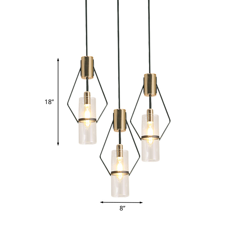 Gold 3-Light Multi Hanging Light Vintage Metal Diamond Frame Pendant Lamp with Tube Glass Shade and Round/Linear Canopy Clearhalo 'Ceiling Lights' 'Chandeliers' 'Glass shade' 'Glass' 'Industrial Pendants' 'Industrial' 'Middle Century Pendants' 'Pendant Lights' 'Pendants' 'Tiffany' Lighting' 1457935