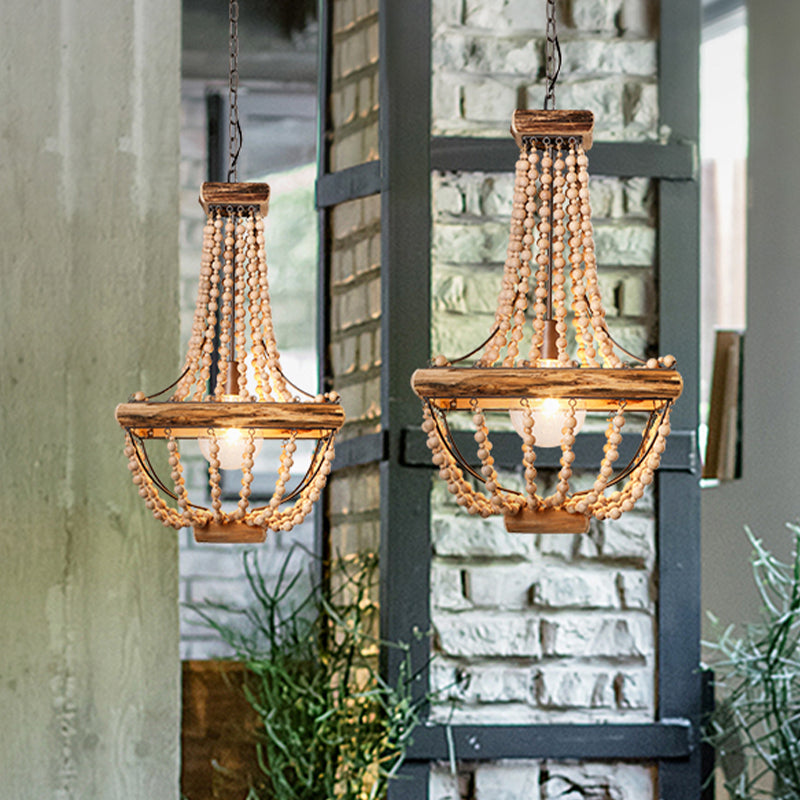 Wood Beaded Brown Hanging Light Basket 1 Light Traditional Suspended Lighting Fixture Clearhalo 'Ceiling Lights' 'Pendant Lights' 'Pendants' Lighting' 1457965