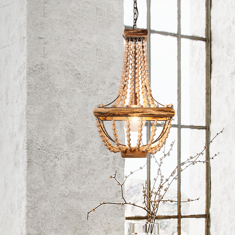 Wood Beaded Brown Hanging Light Basket 1 Light Traditional Suspended Lighting Fixture Clearhalo 'Ceiling Lights' 'Pendant Lights' 'Pendants' Lighting' 1457966