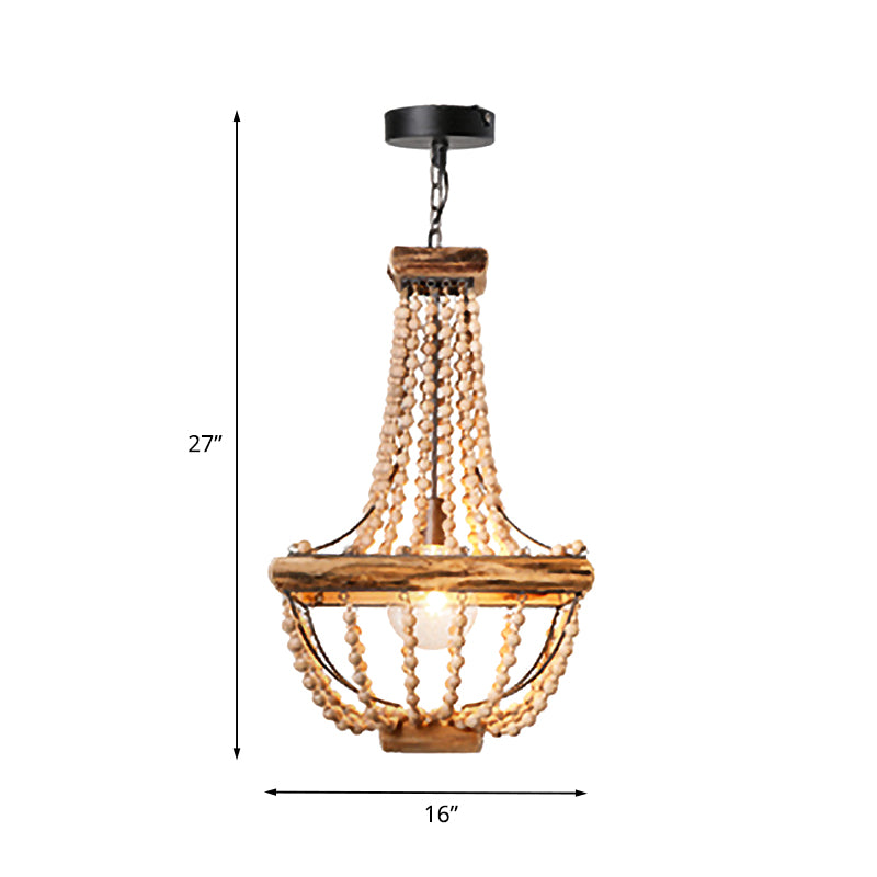 Wood Beaded Brown Hanging Light Basket 1 Light Traditional Suspended Lighting Fixture Clearhalo 'Ceiling Lights' 'Pendant Lights' 'Pendants' Lighting' 1457969