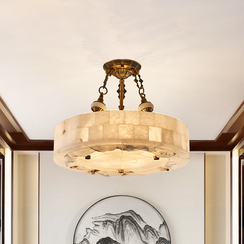 Vintage Patchwork Drum/Bowl Drop Lamp 4-Head Opal Matte Glass Ceiling Chandelier in Brass for Bedroom Clearhalo 'Ceiling Lights' 'Chandeliers' 'Close To Ceiling Lights' 'Glass shade' 'Glass' Lighting' 1457986