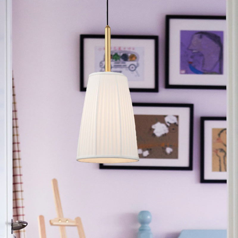 Bell Bedside Drop Pendant Farmhouse Pleated Fabric 1 Bulb White Pendulum Light with Gold Top Clearhalo 'Ceiling Lights' 'Pendant Lights' 'Pendants' Lighting' 1457991