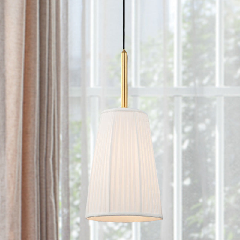 Bell Bedside Drop Pendant Farmhouse Pleated Fabric 1 Bulb White Pendulum Light with Gold Top Clearhalo 'Ceiling Lights' 'Pendant Lights' 'Pendants' Lighting' 1457992