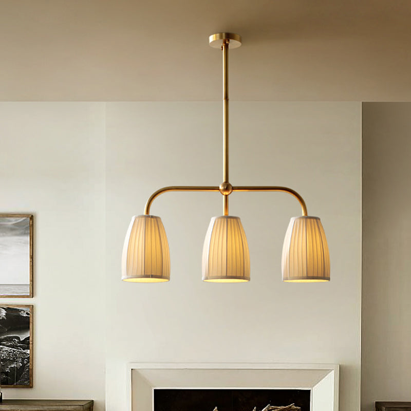 3/6 Bulbs Hanging Chandelier Rural Dress Shaped Pleated Fabric Pendant Ceiling Light in Gold over Dining Table Clearhalo 'Ceiling Lights' 'Island Lights' Lighting' 1457996