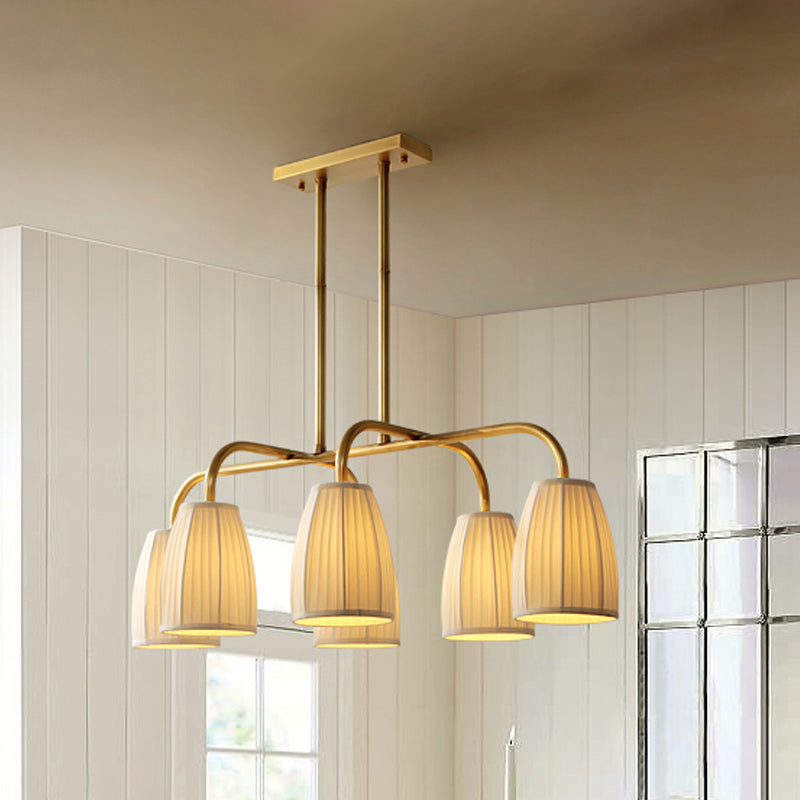 3/6 Bulbs Hanging Chandelier Rural Dress Shaped Pleated Fabric Pendant Ceiling Light in Gold over Dining Table Clearhalo 'Ceiling Lights' 'Island Lights' Lighting' 1458001