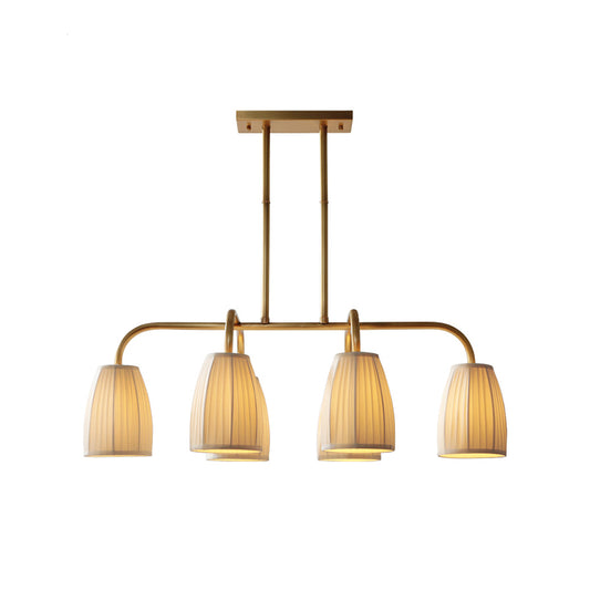 3/6 Bulbs Hanging Chandelier Rural Dress Shaped Pleated Fabric Pendant Ceiling Light in Gold over Dining Table Clearhalo 'Ceiling Lights' 'Island Lights' Lighting' 1458002