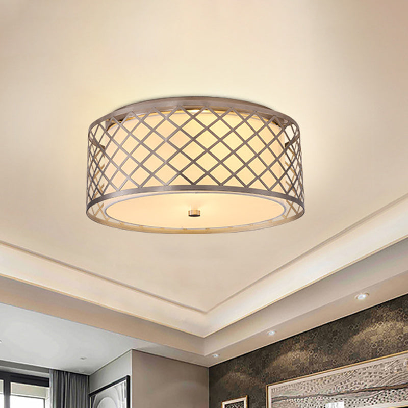 Nickel Crisscrossed Woven Drum Ceiling Flush Rustic Fabric 2 Bulbs Bedroom Flush mount Light Fixture - Clearhalo - 'Ceiling Lights' - 'Close To Ceiling Lights' - 'Close to ceiling' - 'Flush mount' - Lighting' - 1458015