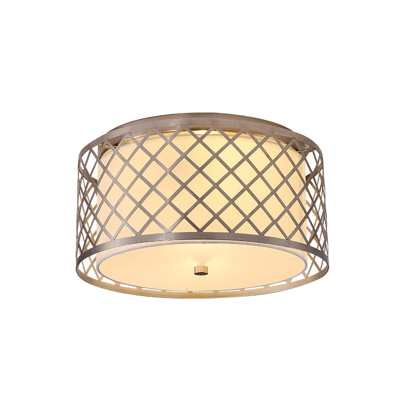 Nickel Crisscrossed Woven Drum Ceiling Flush Rustic Fabric 2 Bulbs Bedroom Flush mount Light Fixture - Clearhalo - 'Ceiling Lights' - 'Close To Ceiling Lights' - 'Close to ceiling' - 'Flush mount' - Lighting' - 1458016