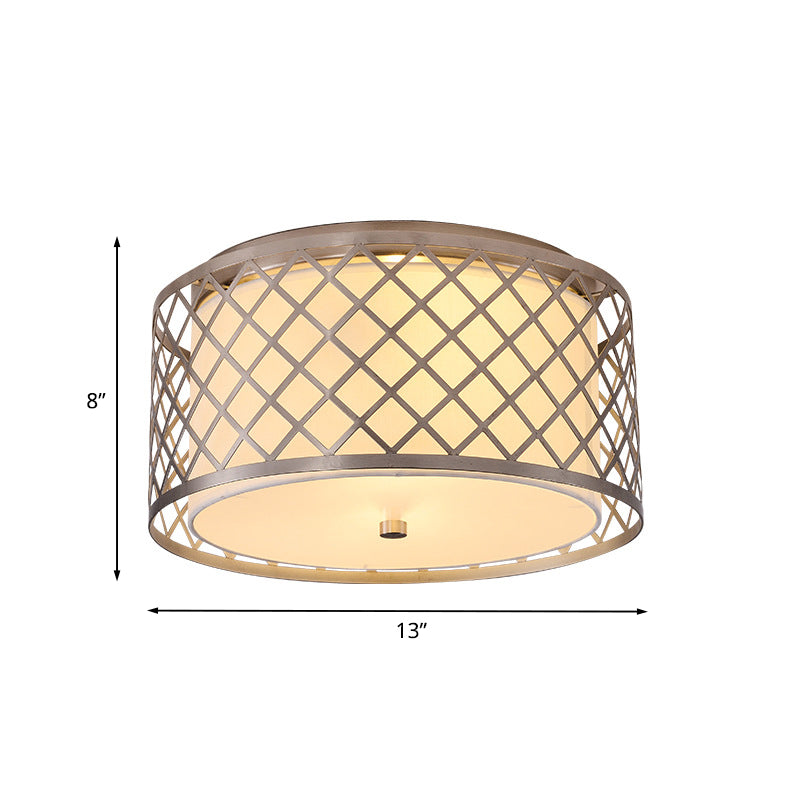 Nickel Crisscrossed Woven Drum Ceiling Flush Rustic Fabric 2 Bulbs Bedroom Flush mount Light Fixture - Clearhalo - 'Ceiling Lights' - 'Close To Ceiling Lights' - 'Close to ceiling' - 'Flush mount' - Lighting' - 1458017