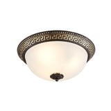 Dome Opaline Glass Ceiling Lighting Retro 2/3-Bulb Bedroom Flush Mount Light Fixture with Swastika Pattern in Black-Gold