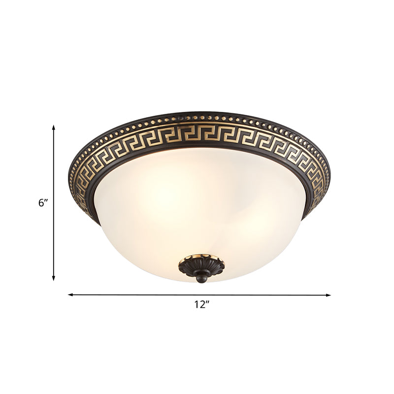 Dome Opaline Glass Ceiling Lighting Retro 2/3-Bulb Bedroom Flush Mount Light Fixture with Swastika Pattern in Black-Gold