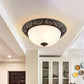 2/3 Bulbs Flush Mount Traditional Cloche Ivory Glass Ceiling Lamp with Sculpted Flower Trim in Black/Brass Clearhalo 'Ceiling Lights' 'Close To Ceiling Lights' 'Close to ceiling' 'Flush mount' Lighting' 1458103