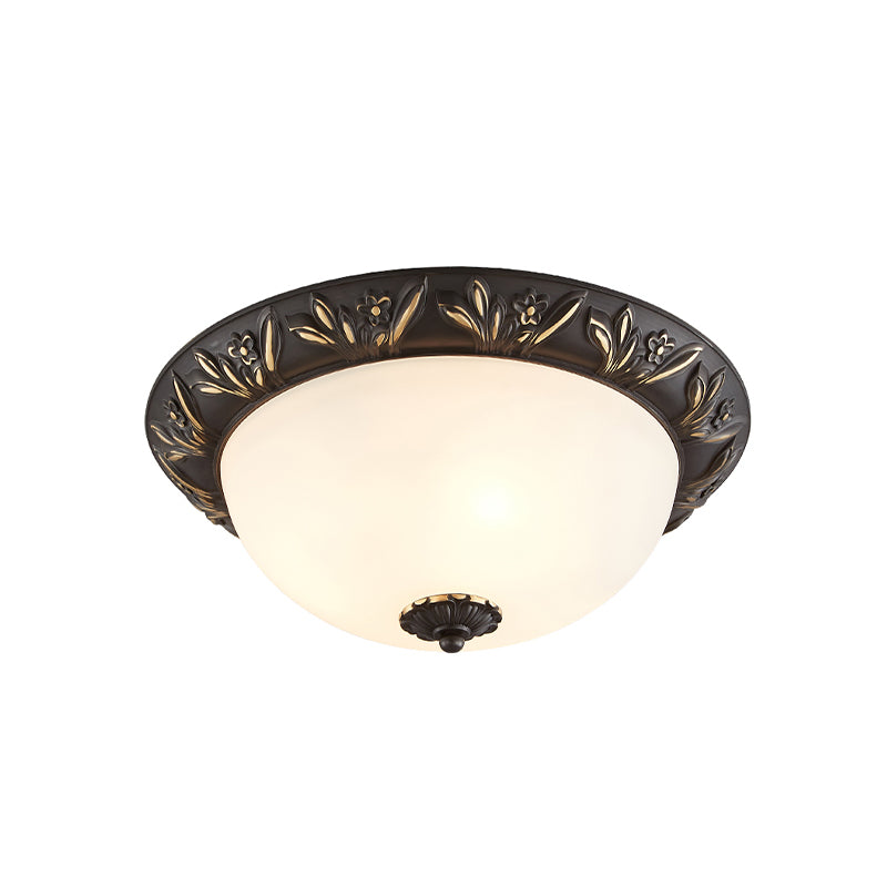 2/3 Bulbs Flush Mount Traditional Cloche Ivory Glass Ceiling Lamp with Sculpted Flower Trim in Black/Brass Clearhalo 'Ceiling Lights' 'Close To Ceiling Lights' 'Close to ceiling' 'Flush mount' Lighting' 1458105