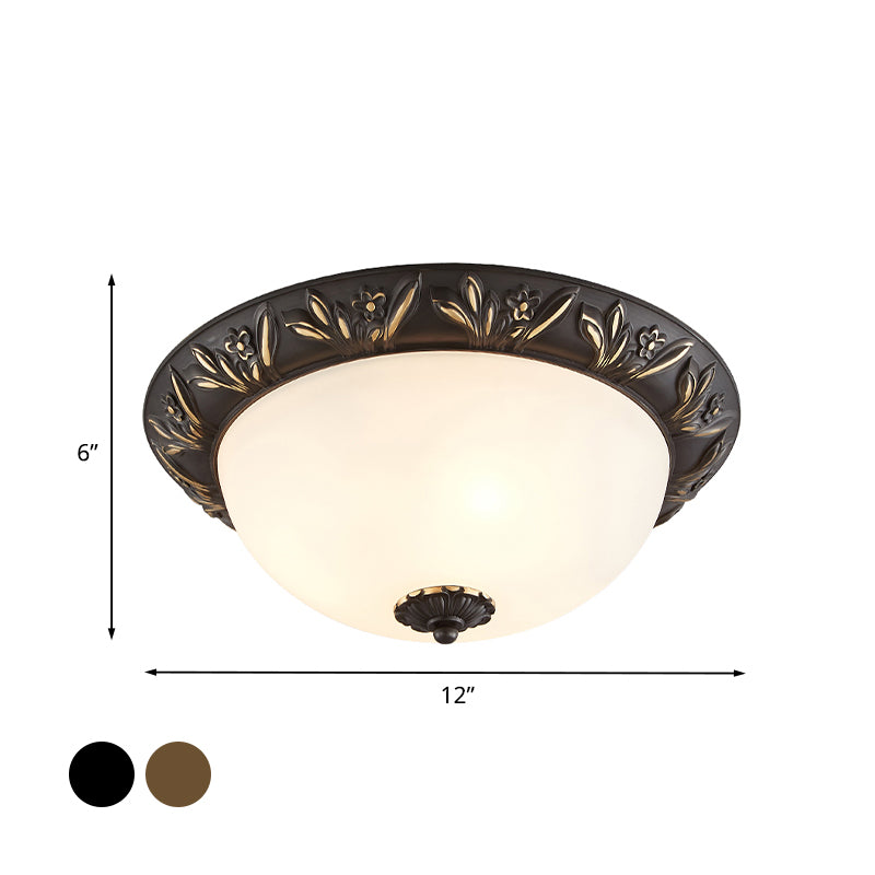 2/3 Bulbs Flush Mount Traditional Cloche Ivory Glass Ceiling Lamp with Sculpted Flower Trim in Black/Brass Clearhalo 'Ceiling Lights' 'Close To Ceiling Lights' 'Close to ceiling' 'Flush mount' Lighting' 1458106