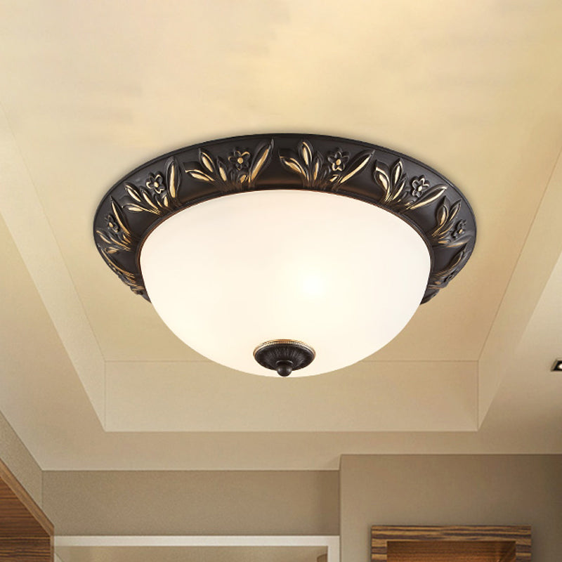 2/3 Bulbs Flush Mount Traditional Cloche Ivory Glass Ceiling Lamp with Sculpted Flower Trim in Black/Brass 3 Black Clearhalo 'Ceiling Lights' 'Close To Ceiling Lights' 'Close to ceiling' 'Flush mount' Lighting' 1458107