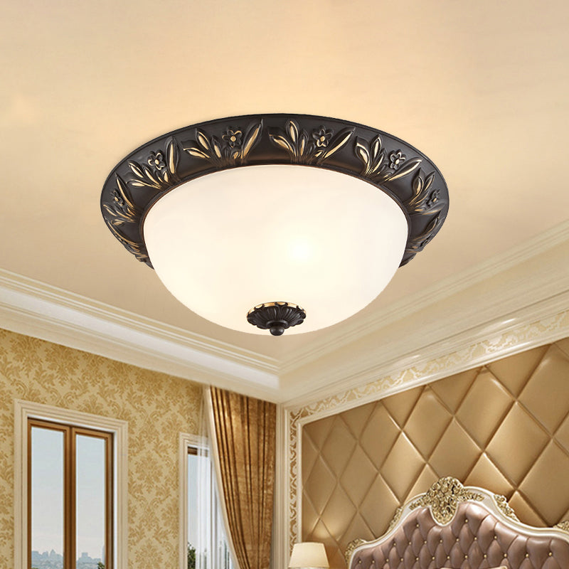 2/3 Bulbs Flush Mount Traditional Cloche Ivory Glass Ceiling Lamp with Sculpted Flower Trim in Black/Brass Clearhalo 'Ceiling Lights' 'Close To Ceiling Lights' 'Close to ceiling' 'Flush mount' Lighting' 1458108