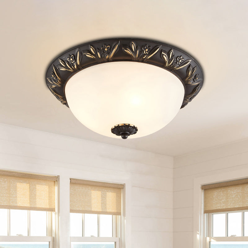 2/3 Bulbs Flush Mount Traditional Cloche Ivory Glass Ceiling Lamp with Sculpted Flower Trim in Black/Brass Clearhalo 'Ceiling Lights' 'Close To Ceiling Lights' 'Close to ceiling' 'Flush mount' Lighting' 1458109