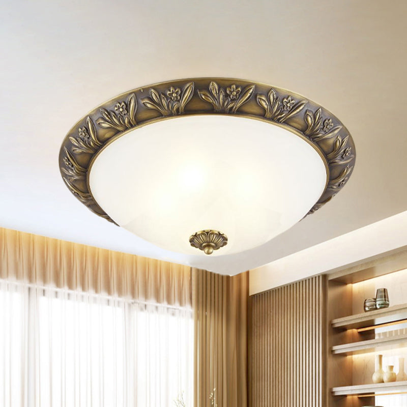 2/3 Bulbs Flush Mount Traditional Cloche Ivory Glass Ceiling Lamp with Sculpted Flower Trim in Black/Brass Clearhalo 'Ceiling Lights' 'Close To Ceiling Lights' 'Close to ceiling' 'Flush mount' Lighting' 1458114