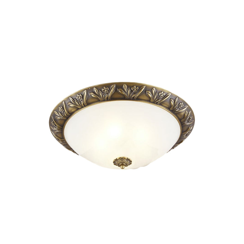 2/3 Bulbs Flush Mount Traditional Cloche Ivory Glass Ceiling Lamp with Sculpted Flower Trim in Black/Brass Clearhalo 'Ceiling Lights' 'Close To Ceiling Lights' 'Close to ceiling' 'Flush mount' Lighting' 1458115